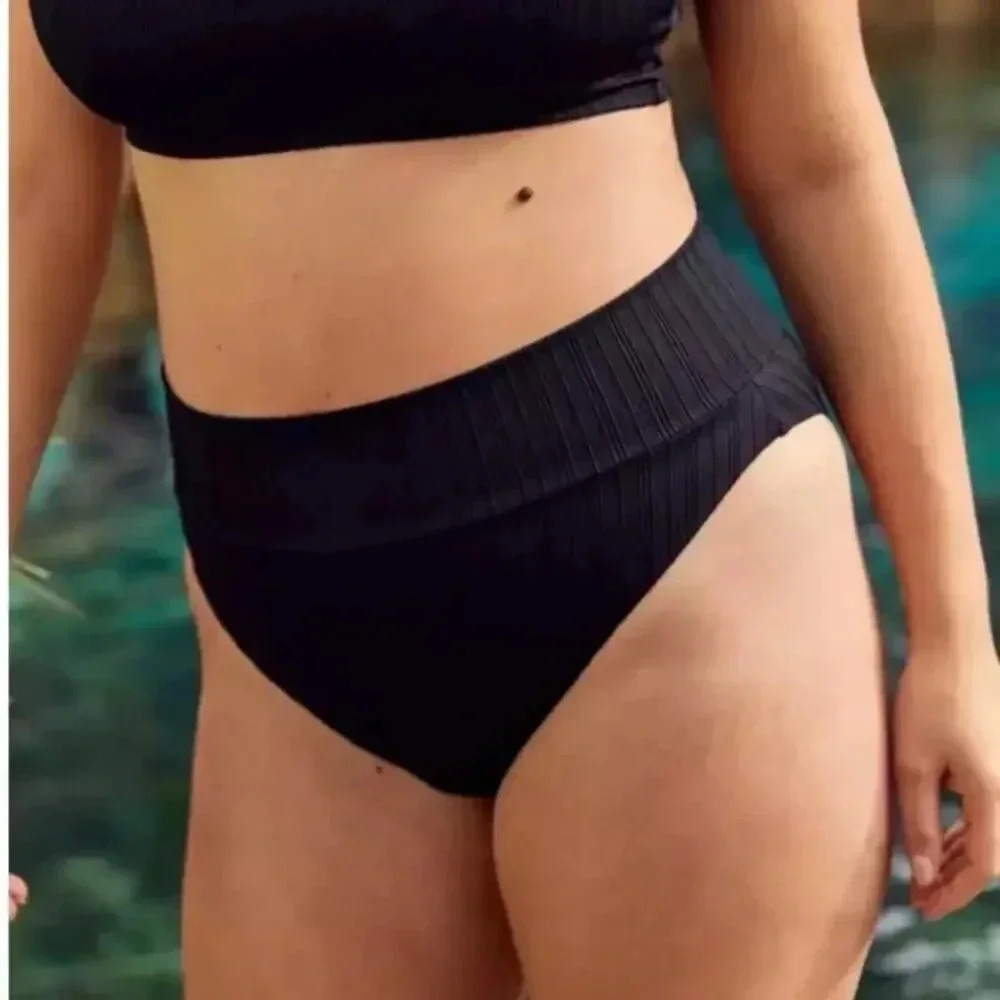 NWT Aerie Black Ribbed Pocket High Waisted Cheeky Bikini Bottom Swim Size XS